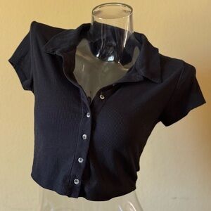 Princess Polly Black Cropped Button Down Polo Top